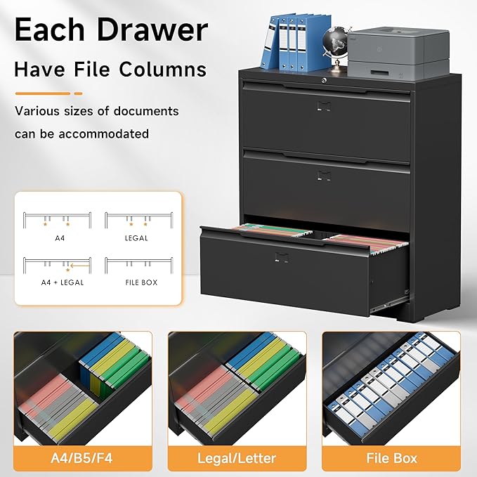 Bestoo 3-Drawer Lateral File Cabinet with Lock, Filing Cabinet for Home Office, Metal File Storage Cabinets, Fits File Folders, Letter/Legal/F4/A4 Sizes, Assembly Required (Black)
