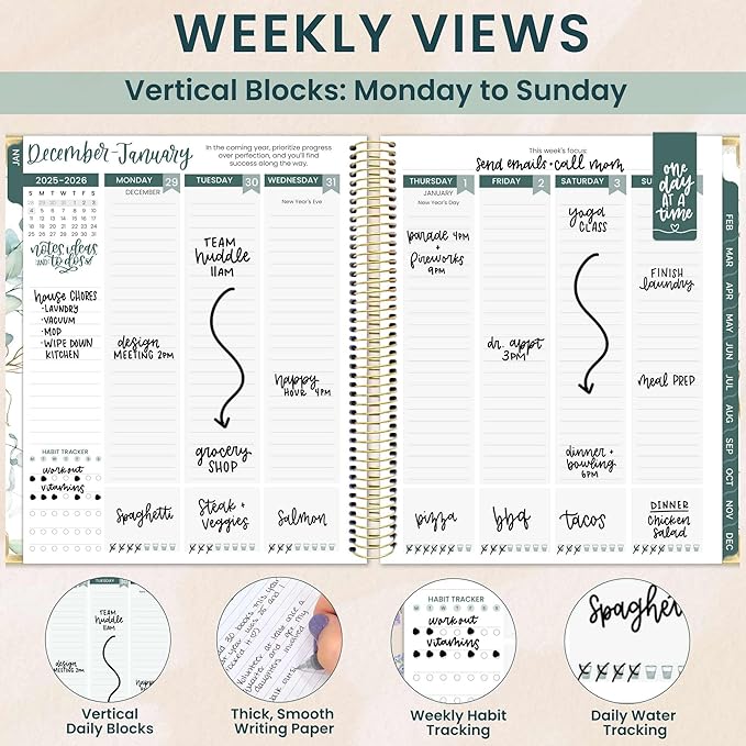 bloom daily planners 2026 Hardcover Calendar Year Goal & Vision Planner (January to December) - Monthly & Weekly Agenda Organizer - 7.5" x 9" - Eucalyptus, White