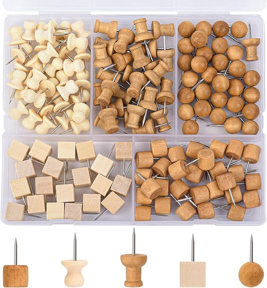 Thumb Tacks for Bulletin Boards,Wooden Push Pins - 140Pcs 5 Styles & 2 Colors, Decorative Pins for DIY Crafts, Home Office, with Storage Box (Multi-Purpose)