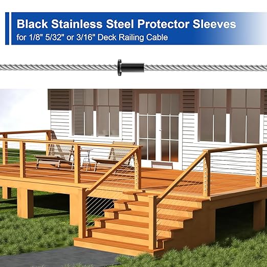 BLIKA 200 Pack Black Stainless Steel Protector Sleeves for 1/8" 5/32" or 3/16" Deck Cable Railing, for Wood/Composite Posts, T316 Marine Grade, Black Cable Railing Protector Sleeves