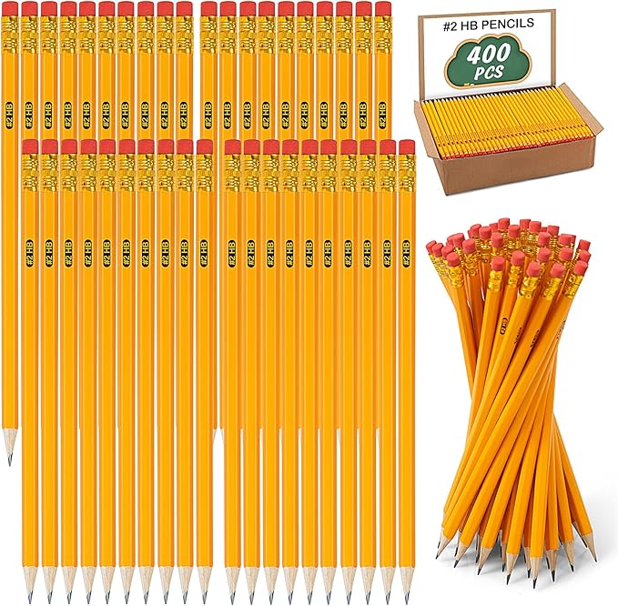 IKAYAS 400 Pack Yellow #2 HB Pencils with Erasers for Kids, Pre-Sharpened, Ambidextrous, Writing, Drawing, Sketching