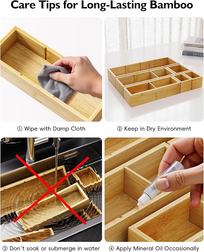 VA1KENE 6PCS Desk Drawer Organizer Tray with 12 Compartments – Bamboo Office Storage Boxes Set for Junk Drawer Supplies, Utensils, Cosmetics, Jewelry and More