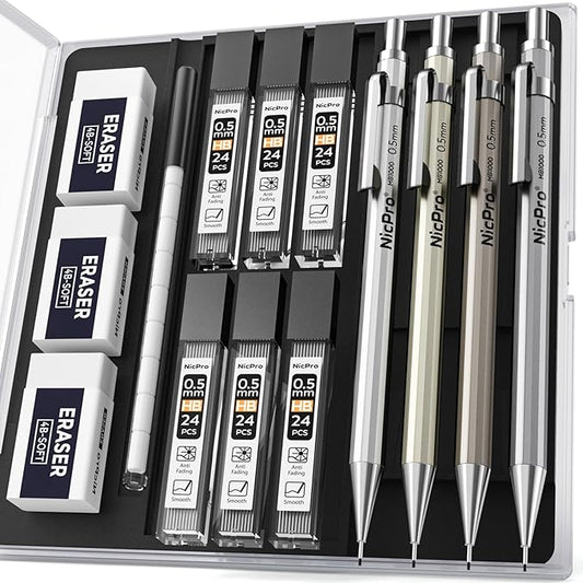 Nicpro 4 Pack Mechanical Pencil 0.5 mm with Case, MB1000 Metal Mechanical Pencil Set with 6 Tube HB #2 Lead Refill 0.5mm, 3PCS 4B Eraser, 9 Cap Eraser for Artist Drafting Writing, Sketching, Drawing
