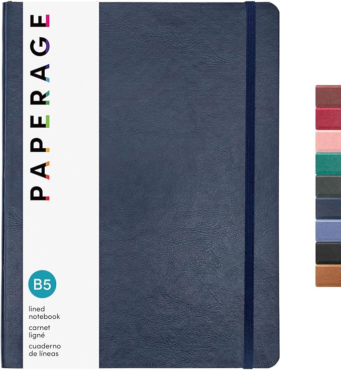 PAPERAGE Softcover Lined Journal Notebook (Navy), 176 Pages, Large B5 College Ruled Notebook, 7.5 inches x 9.8 inches - 100 GSM Premium Paper, Soft Vegan Leather Journal for Home, Work & School