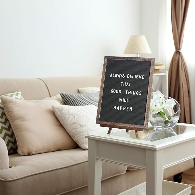 Felt Letter Board with Rustic Vintage Frame and Stand 12x16 inch,Grey Changeable Letter and Message Board Includes 792 Letters, Numbers and Symbols, Hook to Hang, 2 Canvas Bags