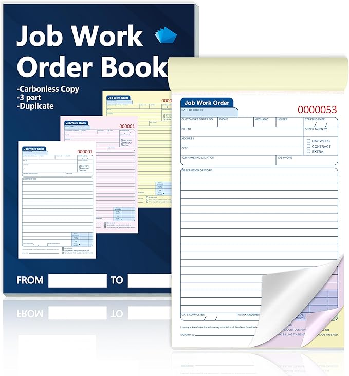 50 Sets Job Work Order Form Book 3 Part Carbonless Work Order Invoice Book 5.5 x 8.3 inch Job Order Forms with Numbers and Tear Off Top with Hard Backing for Business Service (1)