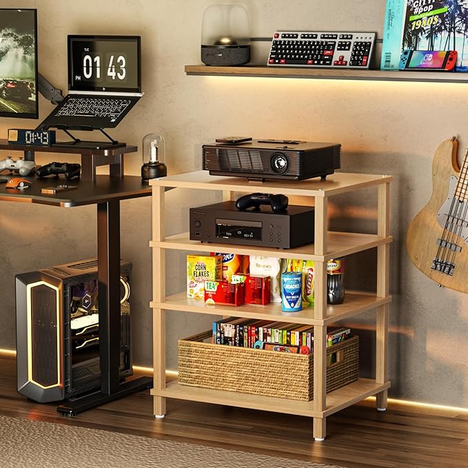 LELELINKY 4-Tier AV Media Player Stand Set of 2, Natural Stereo Cabinet, Wooden TV Stand,Game Console Shelf, Multifunctional Entertainment Center, Suitable for Home, Conference Room, Game Studio