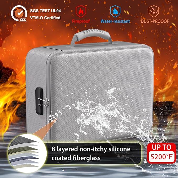 ENGPOW 5200°F Fireproof Document Bag with Lock, Upgraded Heat Insulated Fireproof＆Waterproof Box 8 Layers Document Organizer, Portable Home Travel Safe Storage Box for Important Files, Laptop, Silver