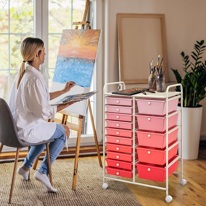 GOFLAME 15-Drawer Rolling Storage Cart, Craft Storage Cart with Removable Drawers & Lockable Wheels, Art Cart Supply Storage Organizer for Home Office Classroom, Pink Gradient