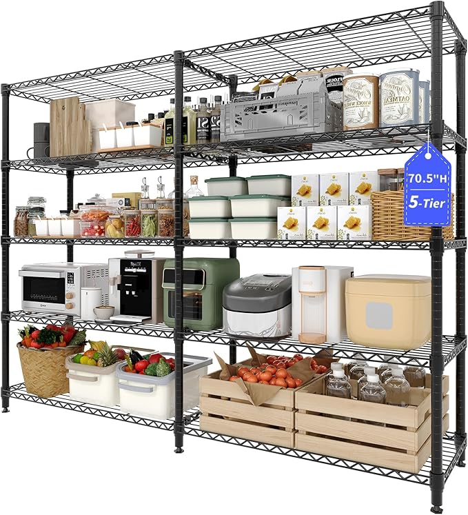 MilleLoom 5-Tier Storage Shelves, 60"W Metal Shelving Unit Heavy Duty Adjustable Garage Corner Wire Rack, H-Shaped/L-shaped Shelf for Kitchens, Pantry Rooms, Basement Storage,13.8"D x 60"W x 70.5"H