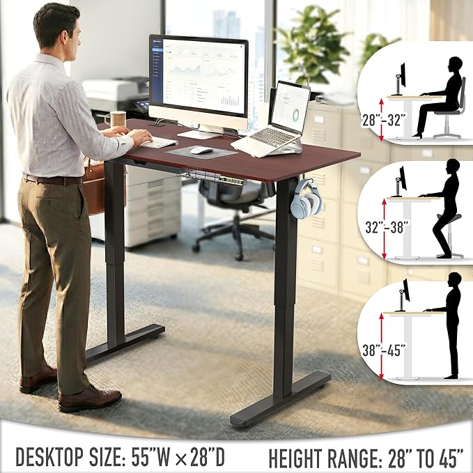 SHW 55 x 28 Inches Electric Height Adjustable Standing Desk with Drawer and Memory Preset, Cherry