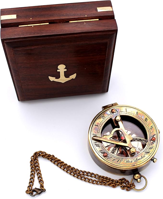 Captain's Brass Sundial Compass – Vintage Marine Nautical Compass, Functional Navigation Tool for Camping, Hiking, Outdoor Adventures, Collectible Gift for Men