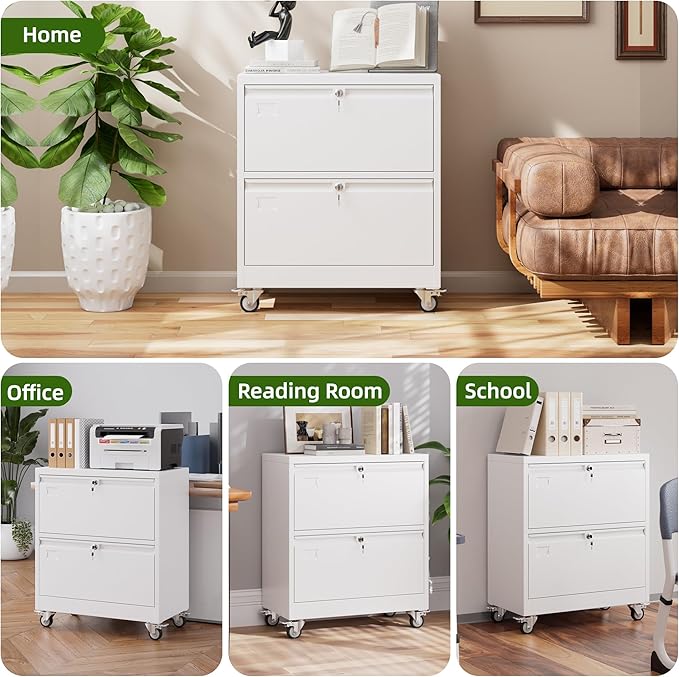 METAN Upgrade 2 Drawers Lateral File Cabinet on Wheels,Steel Office Filing Storage Cabinet with 2 Locks,White,Assembly Required