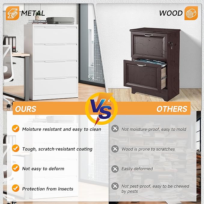 Bestoo 4-Drawer Lateral File Cabinet with Lock, Filing Cabinet for Home Office, Metal File Storage Cabinets, Fits File Folders, Letter/Legal/F4/A4 Sizes, Assembly Required (White)