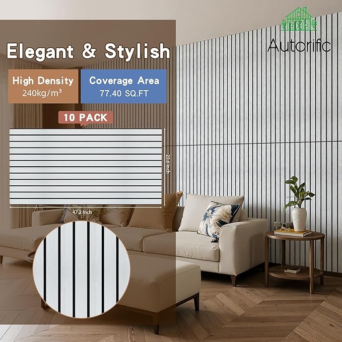 AUTORIFIC Wood Veneer Sound Panels, 10 Pack 47.2”x23.6” Wall Panels, Decorative Acoustic Panels for Walls, for Office,Home Theater,Studio,Living Room, White Oak(Mitred)