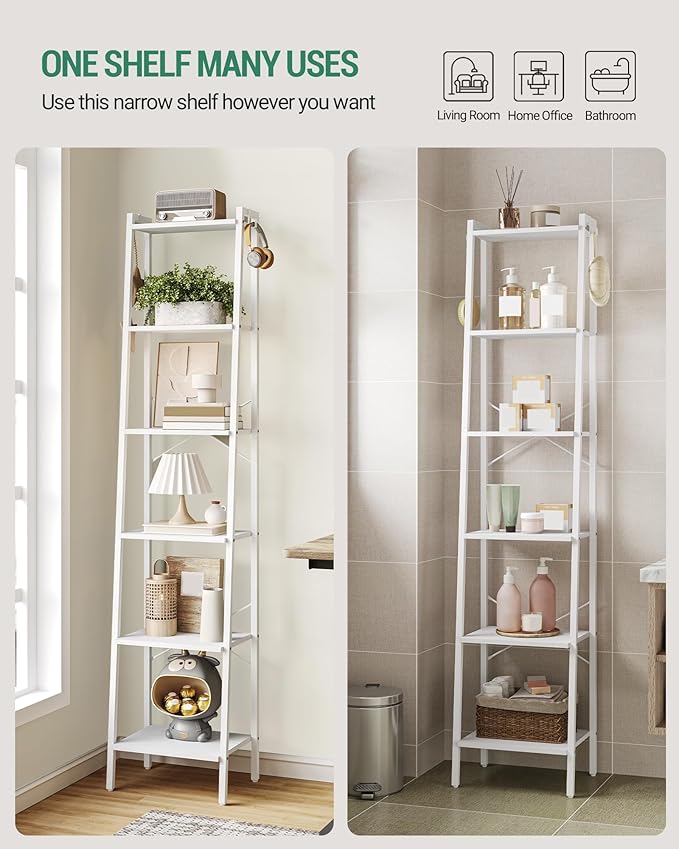 Hzuaneri Ladder Shelf, Bookshelf Bookcase, Freestanding Corner Storage Shelve with 2 Hooks for Home Office, Living Room, Kitchen, Bedroom, Industrial, 6-Tier White BC13313W