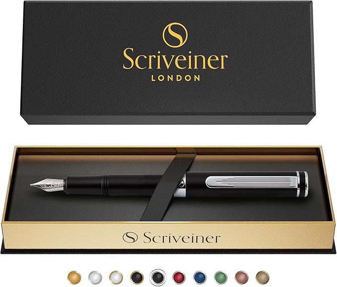 Scriveiner Luxury Fountain Pen - Medium Matt Black With Chrome Finish, Schmidt German Nib, Converter - Best Writing Gift Set for Men & Women - Fancy Office Designer EDC Pocket Pen