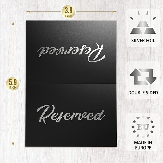 10 Pack Black Reserved Table Signs for Wedding - 3x4 Cardstock Silver Foil Reserved Seating Signs for Weddings - Double Sided Reserved Signs for Tables - Restaurant Table Tent Reservation Cards