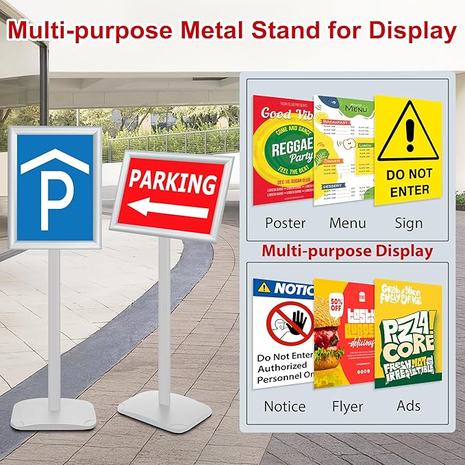 VAIIGO Heavy Duty Standing Sign Holder 11x17 Inch - Pedestal Floor Sign Stand with Weighted Base - Vertical & Horizontal View Poster/Menu Holder for Indoor/Outdoor Business Store Advertising, Silver