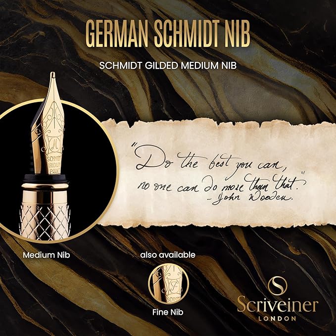 Scriveiner Personalized Gold Fountain Pen - Stunning Luxury Pen, Real Gold Plating, Schmidt Ink Refill, Best Engraved Fountain Pen Gift Set for Men & Women, Custom Name Engraving