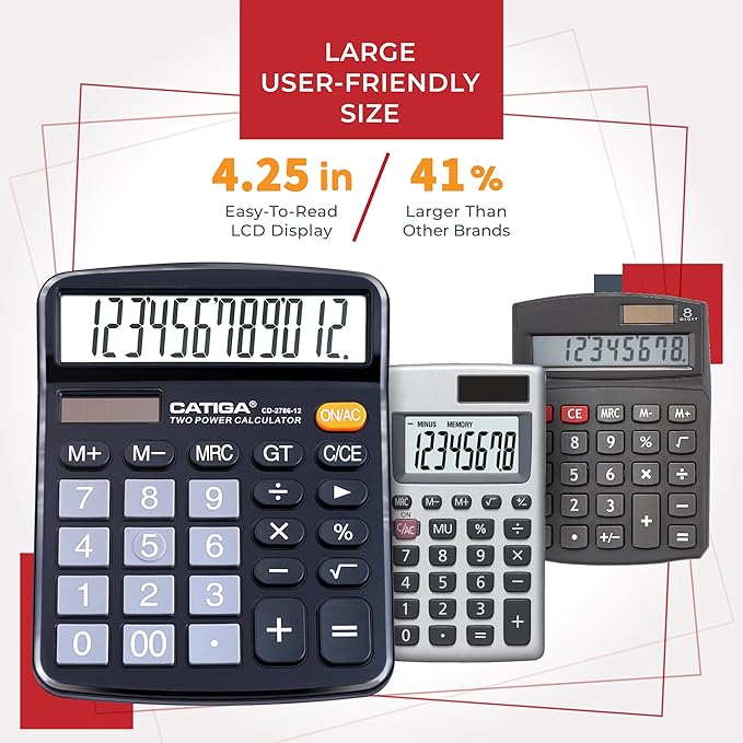 CATIGA Desktop Calculator (2 Pack) 12 Digit with Large LCD Display and Sensitive Button, Solar and Battery Dual Power, Standard Function for Office, Home, School, CD-2786 (2 Black)