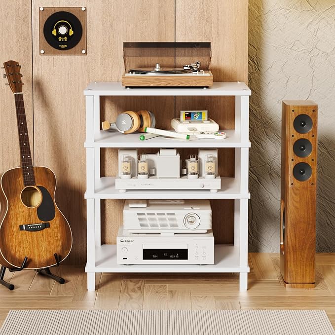 LELELINKY 4-Tier AV Media Player Stand Set of 2, White Stereo Cabinet, Wooden TV Stand,Game Console Shelf, Multifunctional Entertainment Center, Suitable for Home, Conference Room, Game Studio