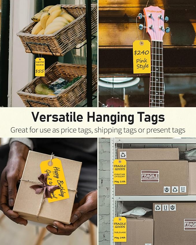 Uniclife 100 Pcs Yellow Blank Shipping Tags with Wire Attached 4.7 Inch Paper Tags Hang Tag with Reinforced Eyelet Large Marking Label Writable Price Inventory Label Tag, 4.7" x 2 3/8"