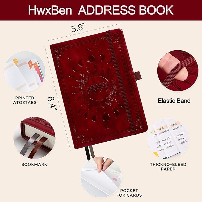 Address Book with Colorful Alphabetical Tabs (8.4" x 5.7") – Hardcover Contact Organizer for Website Passwords, Telephone, Software Licenses, and Important Information – Dark Brown