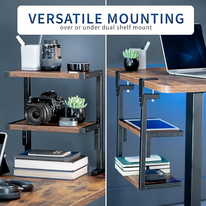 VIVO Clamp-on 13 inch Above or Below Desk 2-Tier Shelving Unit for Table Accessories, Gaming Devices, and More, Storage Tray, Desktop Organizer, Rustic Vintage Brown, STAND-SHELF2C-N