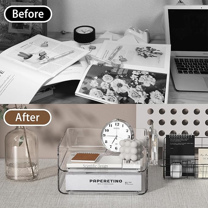 FANXIYQ 2-Tier Acrylic Paper Tray Organizer with Pen Holder | Clear Stackable Desk Organizer for Documents, Letters, A4 Paper | Modern Office/Classroom/Home Organization