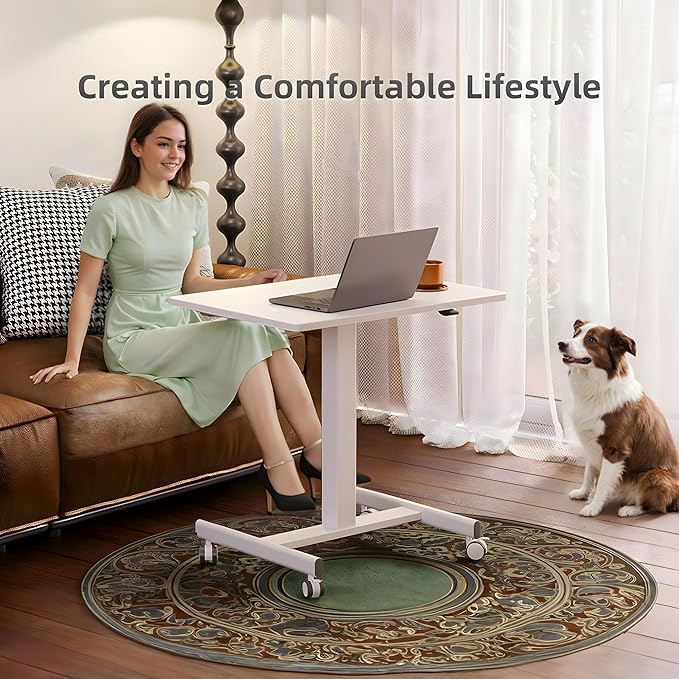 YDN Mobile Mobile Standing Desk, Adjustable Height Portable Laptop Desk with Lockable Wheels, 25.5" x 18.8" Rolling Desk with Hook for Computer Workstation, White