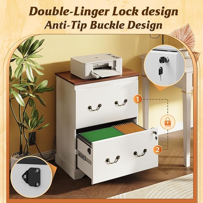 DEVAISE 2 Drawer File Cabinet,Lateral Vintage Farmhouse Wood Filing Cabinet with Lock & Charging Station for Letter/Legal/A4 Size, White