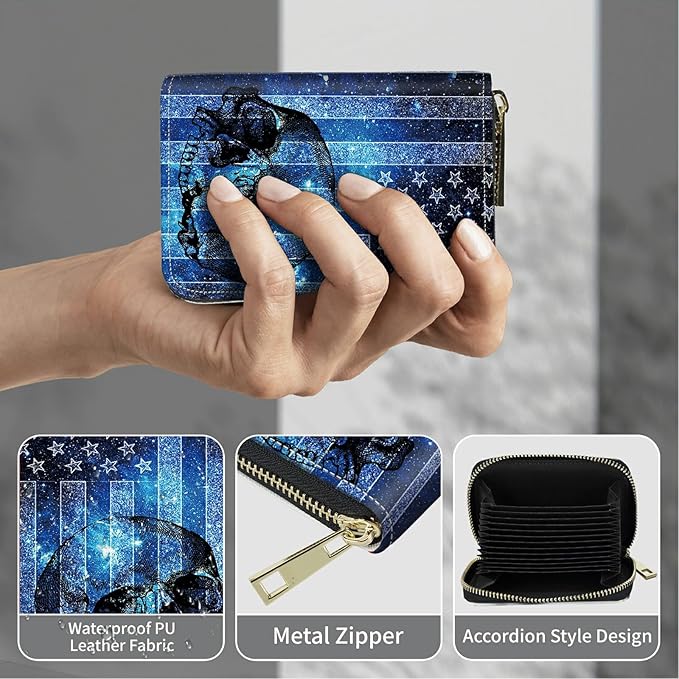 BWEGRHE Cute Credit Card Holder with Zipper, Blue Skull Flag RFID-Blocking Card Case Small Wallet for Women Men, Multi-slot Card Organizer Case Travel Accordion Wallet