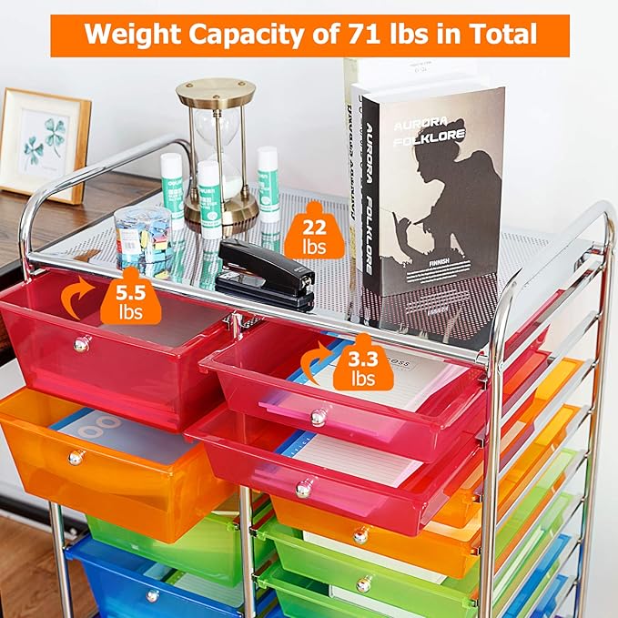 HAPPYGRILL 15-Drawer Rolling Cart, Storage Carts with Removable Drawers & Steel Frame, Utility Cart on Lockable Wheels for Home, School, Office,Colorful