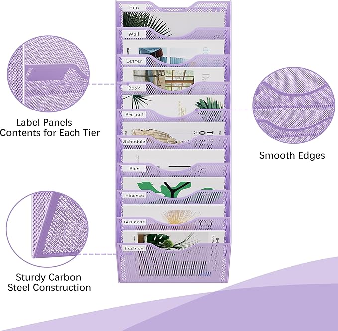EasyPAG 10 Pocket Mesh Wall File Organizer, Hanging Paper Folder Holder with Classify Label, Vertical Wall Mount Mail Organizer for Office Home Classroom, Purple