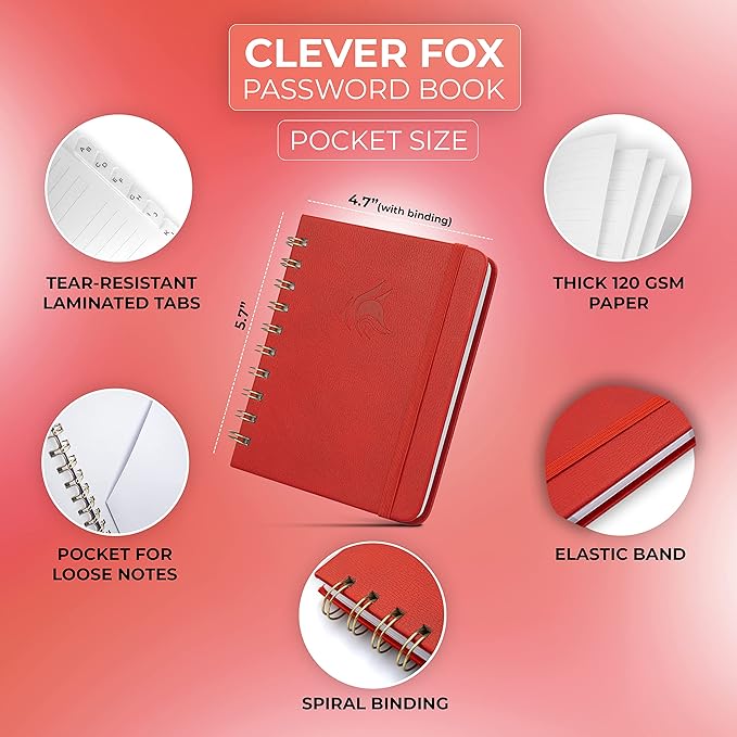 Clever Fox Password Book Spiral – Mini Internet Address & Password Organizer with Laminated Alphabetical Tabs – Small Password Keeper Journal – Hardcover, Pocket Size, 4.7x5.7” (Red)