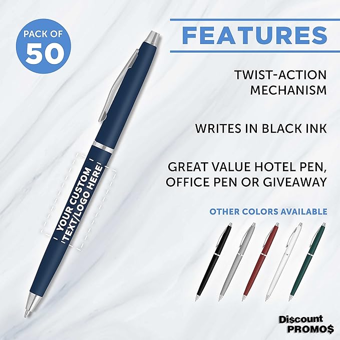 DISCOUNT PROMOS Custom Langham Ballpoint Pens Set of 50, Personalized Bulk Pack - Black Ink, Great for Office, School, Business, Tradeshows - Navy Blue