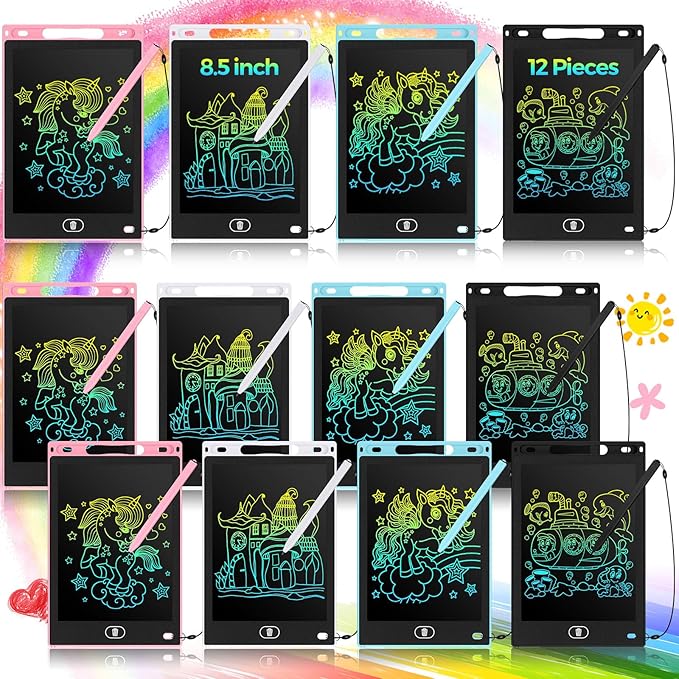 Tinlade 12 Pack LCD Writing Tablets for Kids, 8.5 Inch Erasable Doodle Boards Portable Electronic Drawing Pads, Learning Bulk Toys Gifts for School Prize (Pink, Light Blue, White, Black)