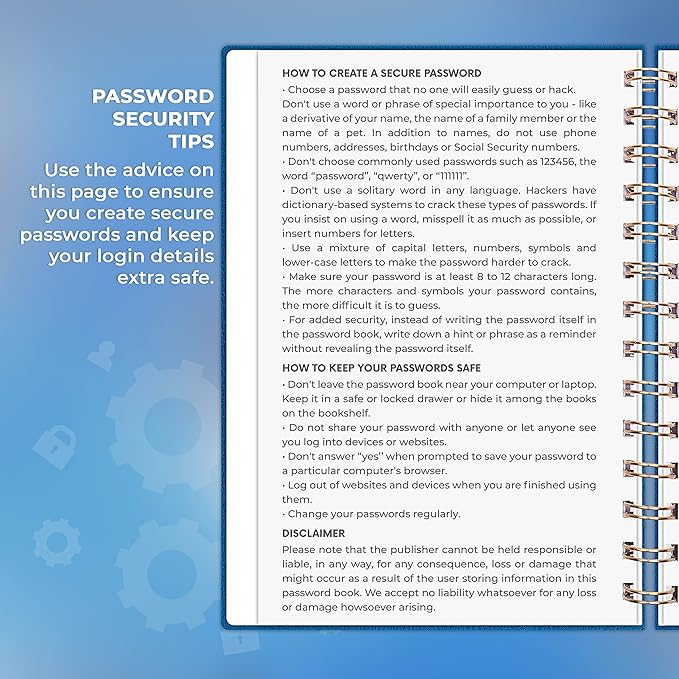 Clever Fox Password Book Spiral – Internet Address & Password Organizer with Laminated Alphabetical Tabs – Password Keeper Journal – Hardcover, Medium Size, 6.1x7.7” (Mystic Blue)