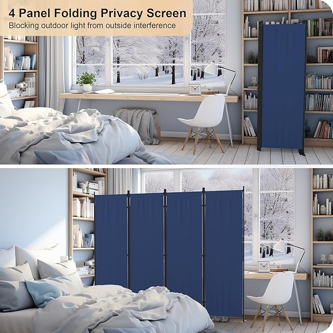 Kecreque Room Partitions and Dividers 4 Panel Portable Wall w/ 3 Wider Feet Folding Room Divider 6FT Privacy Wall Indoor as Dressing Screen for Apartment School Office Children's Separate Rooms,Blue
