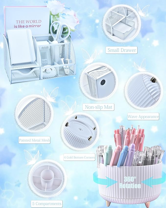 LXEVIHK 20Pcs White Desk Organizers and Accessories With Mesh Desk Organizer and 360°Rotating Pen Holder and a Lot of Office White Office Supplies Beautifully Presented in a Gift Box