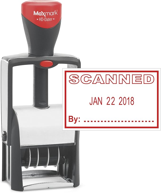 MaxMark Heavy Duty Self Inking Date Stamp with Phrase Scanned - Red Ink
