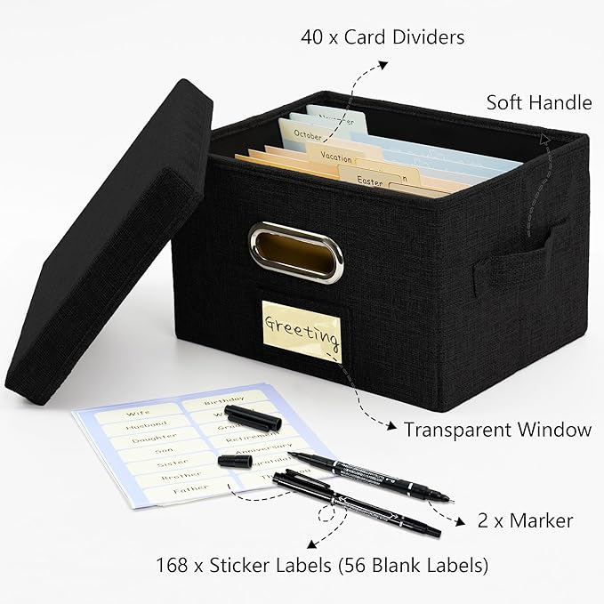 Remowith Greeting Card Organizer and Storage Box with 40 Pcs Adjustable Dividers, Storing Cards with 168 Pcs Labels Perfect for Storing Greeting Cards, Envelopes, Photos 2 Pack Black