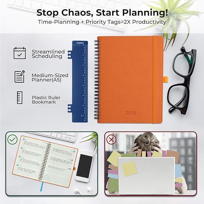IN-LUXPRO Planner 2026 Daily Weekly and Monthly,8.5"x6.5",12 Months Spiral Bound Calendar Agenda with Self-adhesive Pen Holder,2026 Appointment Book with Vegan Leather Soft Cover,Orange
