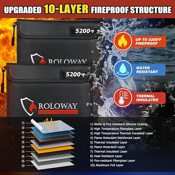 ROLOWAY Fireproof Bag (9.6 x 6.6 inches) 5200℉ Heat Insulated, Fireproof Money Bag with Zipper for Cash (2-Pack Black)