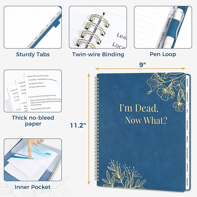 SUNEE End of Life Planner - I‘m Dead Now What Planner, Large Print Spiral-Bound Estate Organizer with Tabs for Seniors & Family. Covers Final Wishes, Passwords & Funeral Planning.A4（9"x11.2"), Blue