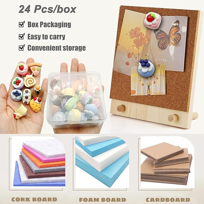 WINFA Push Pins Thumb Tacks for Bulletin Boards Decorative Pushpin for Corkboard Imitation Food Cakes Funny Thumbtacks for Photo Wall Kitchen Bar Cafe Decor (24 Pcs)