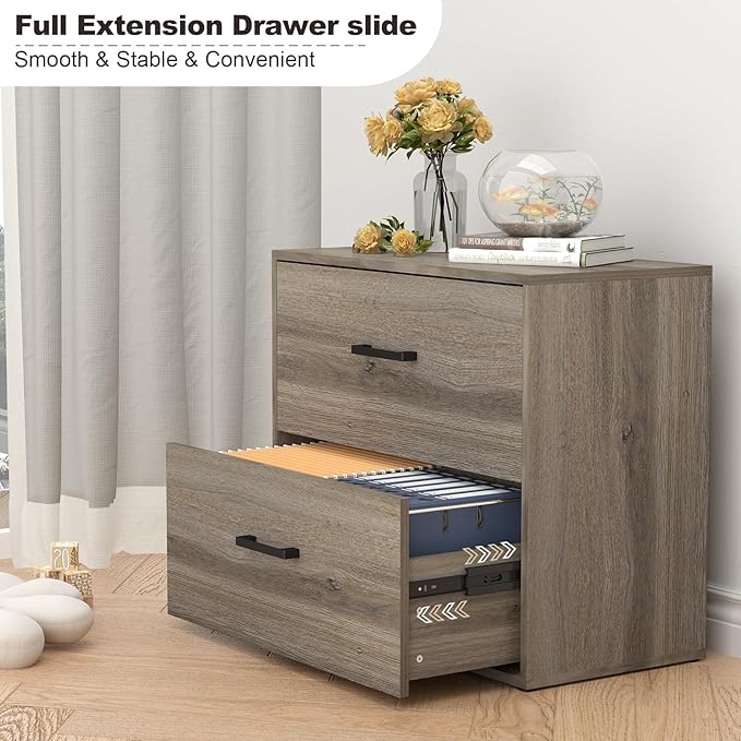 FATIGOS 2 Drawer File Cabinet, Wood Lateral File Cabinet, Wide Filing Cabinets for Home Office, Farmhouse File Cabinet Printer Stand for Hanging Files/Letters, Gray