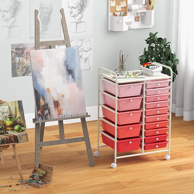 GLACER 15 Drawers Rolling Cart, Storage Cart with w/Removable Drawers & Steel Frame, Multipurpose Organizer Cart w/Sleek Handle, Utility Cart on Lockable Wheels for Home, School, Office (Pink)
