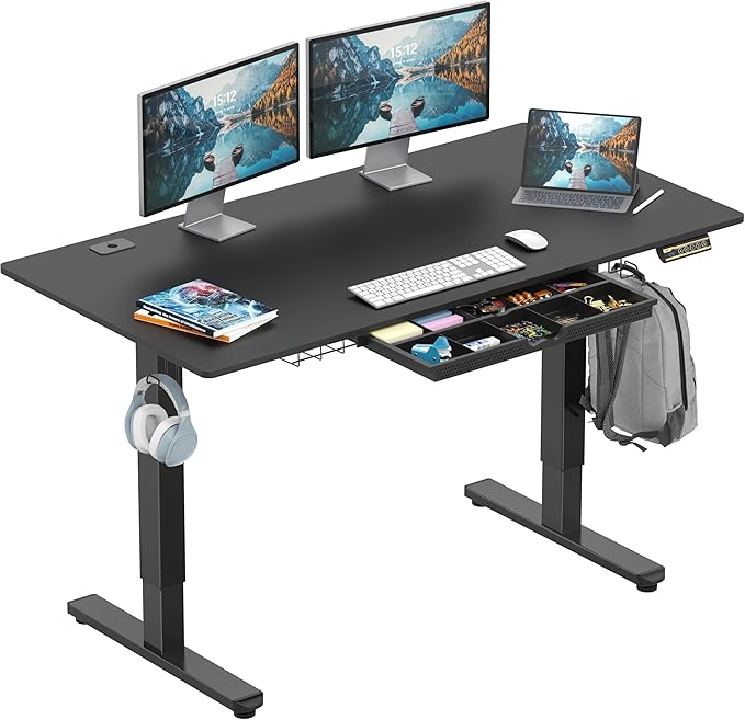 SHW 55 x 28 Inches Electric Height Adjustable Standing Desk with Drawer and Memory Preset, Black